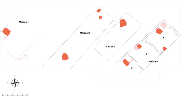 Plan simplifié du secteur 6 : maisons de la fin du Néolithique Récent II (vers 4300 av. J.-C.).