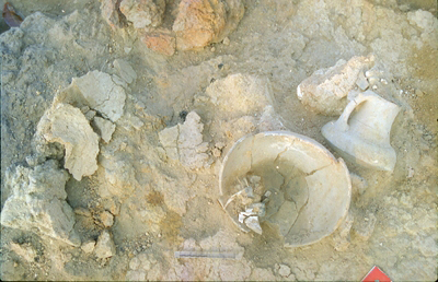 Bowl containing stone- and bone-tools, from locus 609; Late Neolithic (c. 4900 BC).