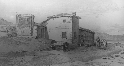 The monument of Caius Vibius and the “khani” in 1861, towards the North-East (Heuzey, Daumet, Mission archéologique de Macédoine, pl. I, 1).