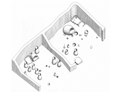 Αξονομετρική αναπαράσταση της οικίας 4 του τομέα 6 · τέλος Νεότερης Νεολιθικής ΙΙ (περίπου 4300 π.Χ.). Σχέδιο Χ. Ρωμανίδης.