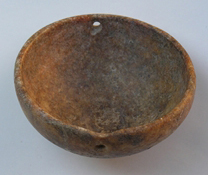 Marble bowl. Two diametrically opposed holes have been pierced under the rim, probably for suspending the vessel; Late Neolithic.