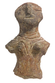 Fragment of a standing anthropomorphic clay figurine (front view); Late Neolithic II.
