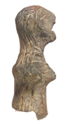 Fragment of a standing anthropomorphic clay figurine (profile); Late Neolithic II.