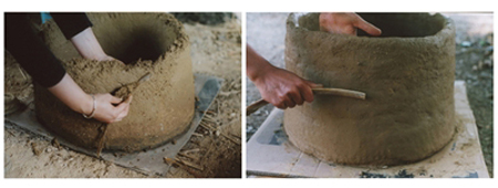 Emploi par frottement (à gauche) et percussion (à droite) d’une section de côte de bœuf pour lisser un silo expérimental.