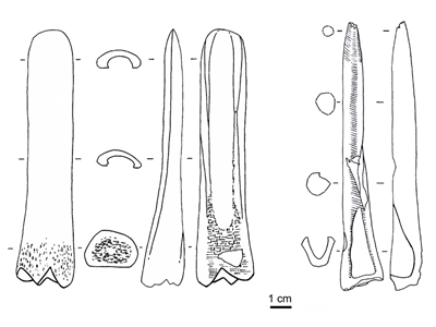 Εργαλεία από οστά μεταποδίων κόκκινων ελαφιών. Αριστερά : προϊόν κατά μήκος διχοτόμησης οστού νεαρού ζώου. Δεξιά : προϊόν κατά μήκος τεμαχισμού του οστού σε τέταρτα.